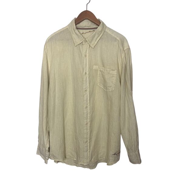 Margaritaville Light Yellow Linen Button Up Long Sleeve Roll Tab Shirt Men’s XL - Picture 1 of 8